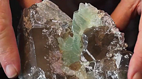 Green Spodumene on Smoky Quartz