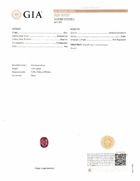 1.67 ct. Ruby, GIA Cert.